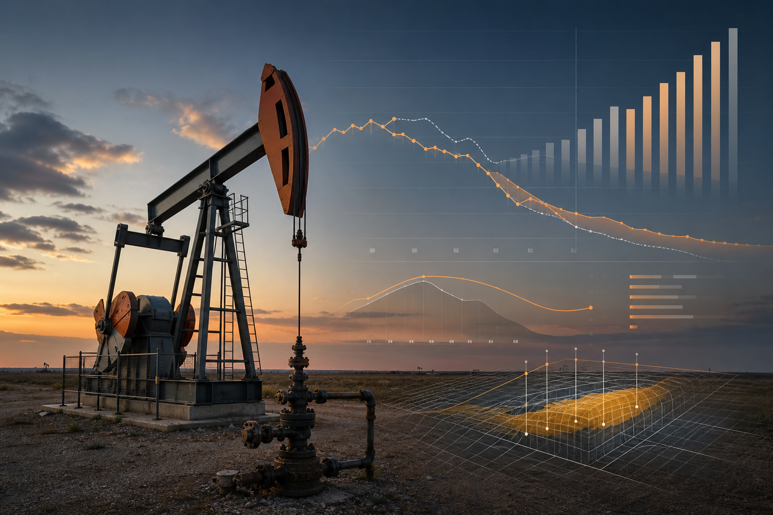 Pumping unit and wellhead with production forecasting and valuation charts
